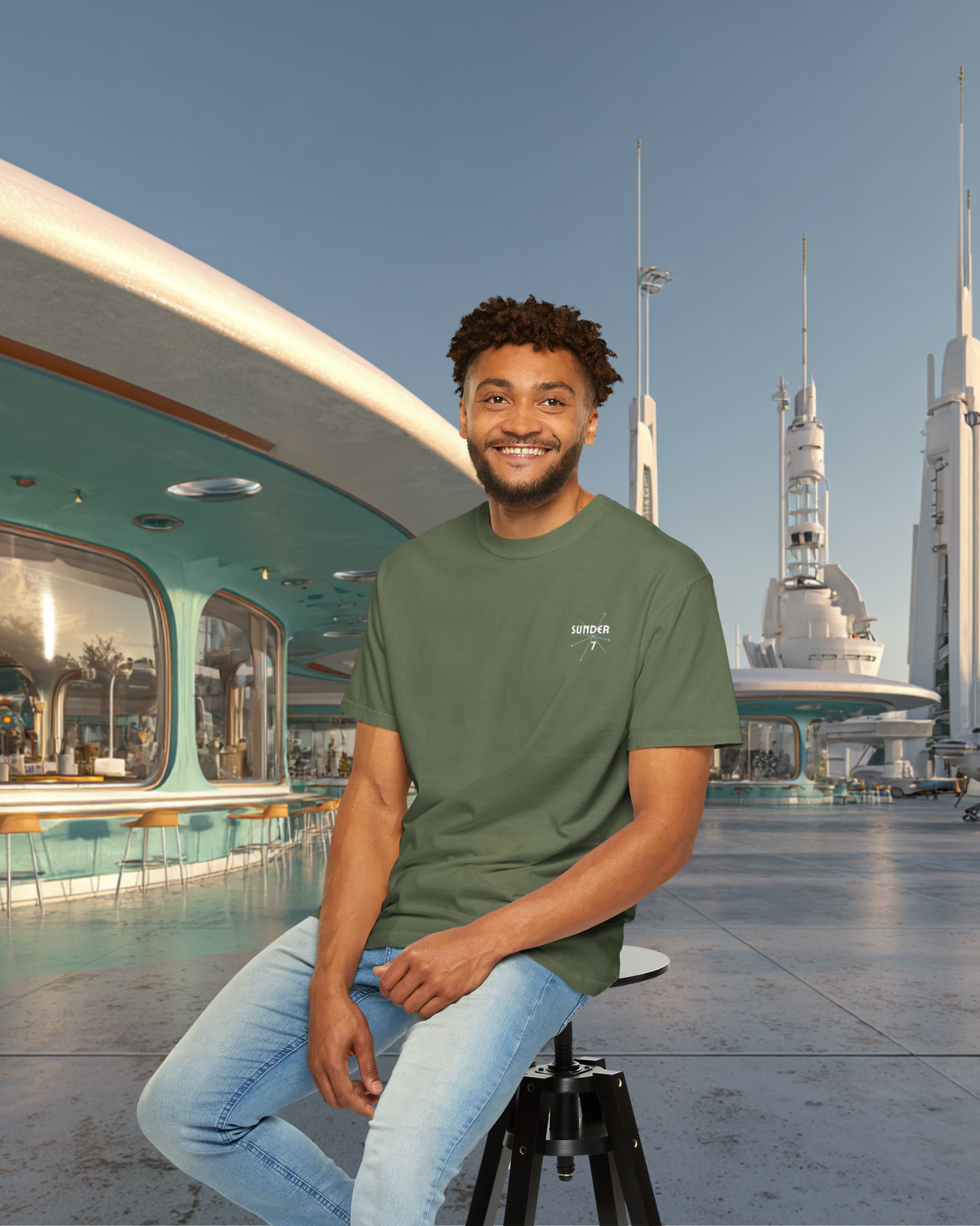 From Yesterday Tomorrow Sunder 7 Midcentury Modern Graphic Tshirt with Atomic era aesthetic  Sage