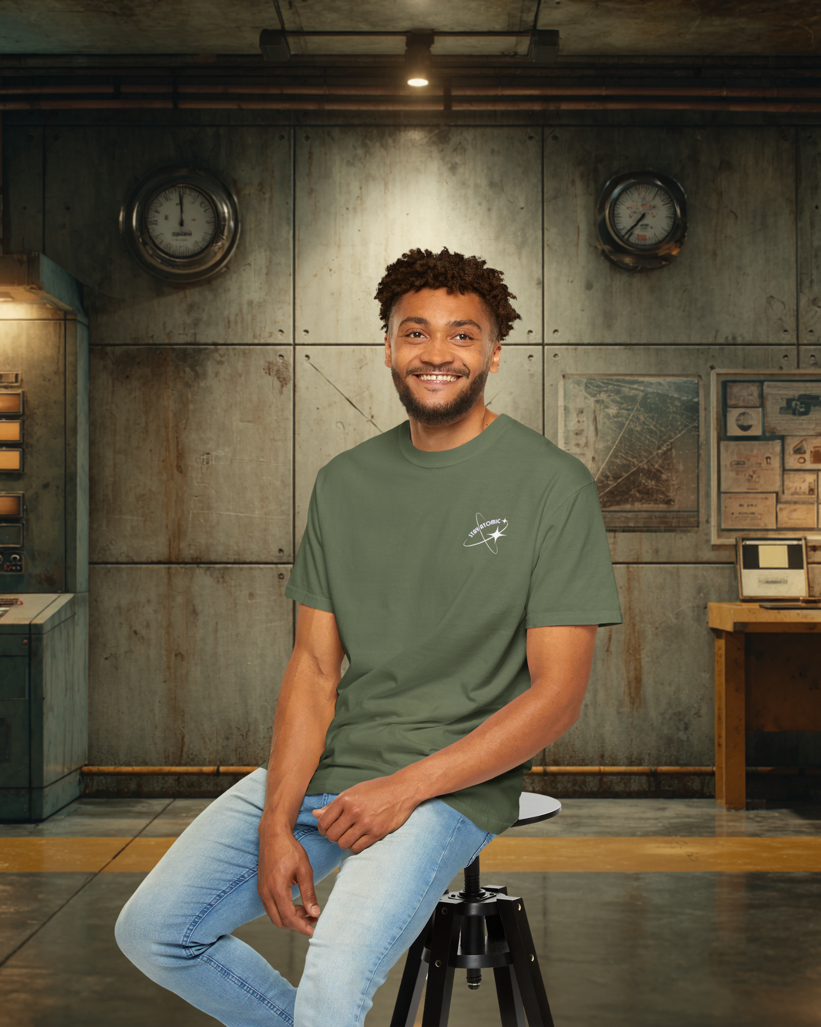 Stay Atomic Sunder 7 Midcentury Modern Graphic Tshirt with Atomic era aesthetic Sage