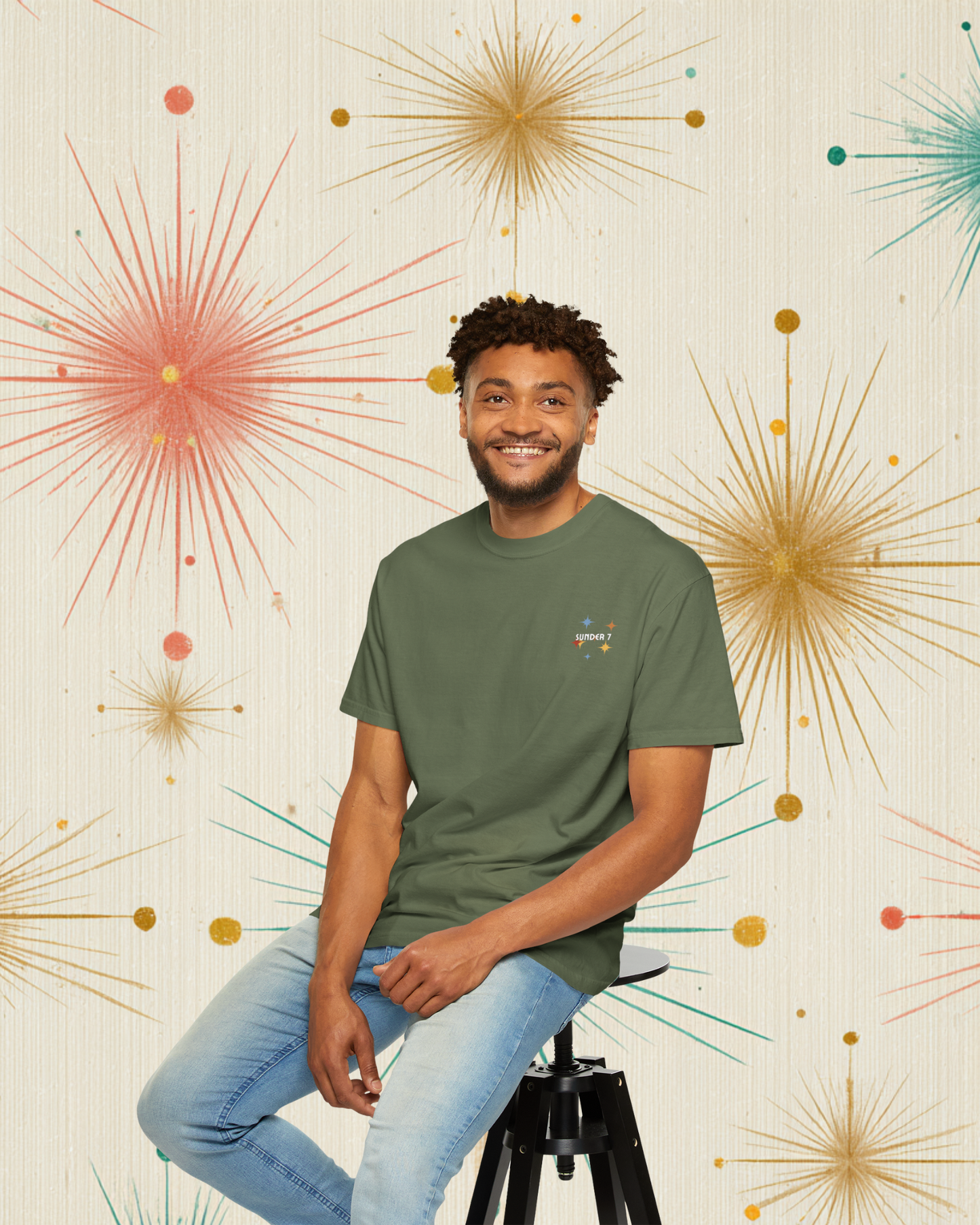 Sunder 7 Midcentury Modern Graphic Tshirt with Atomic era aesthetic Sage