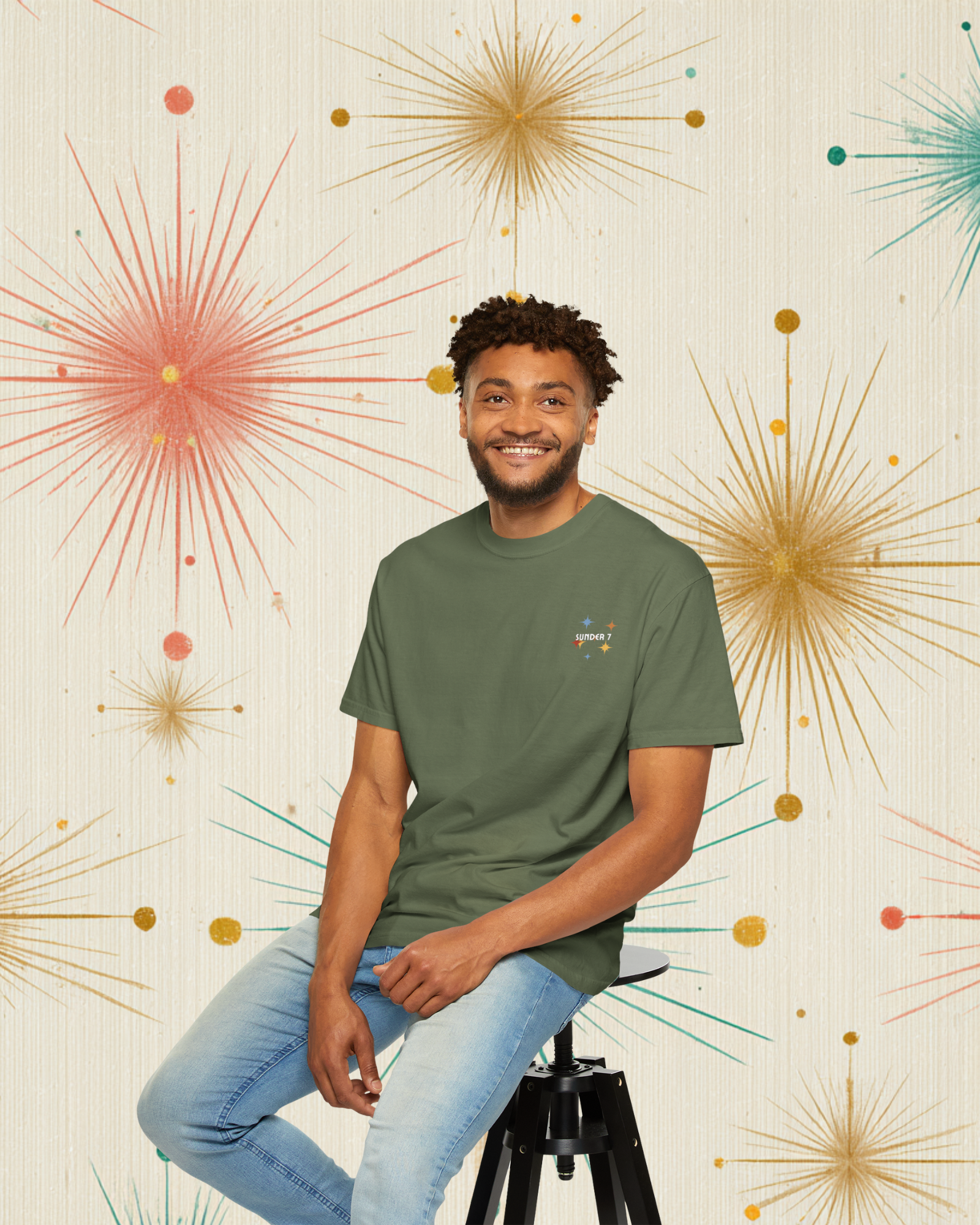 Sunder 7 Midcentury Modern Graphic Tshirt with Atomic era aesthetic Sage