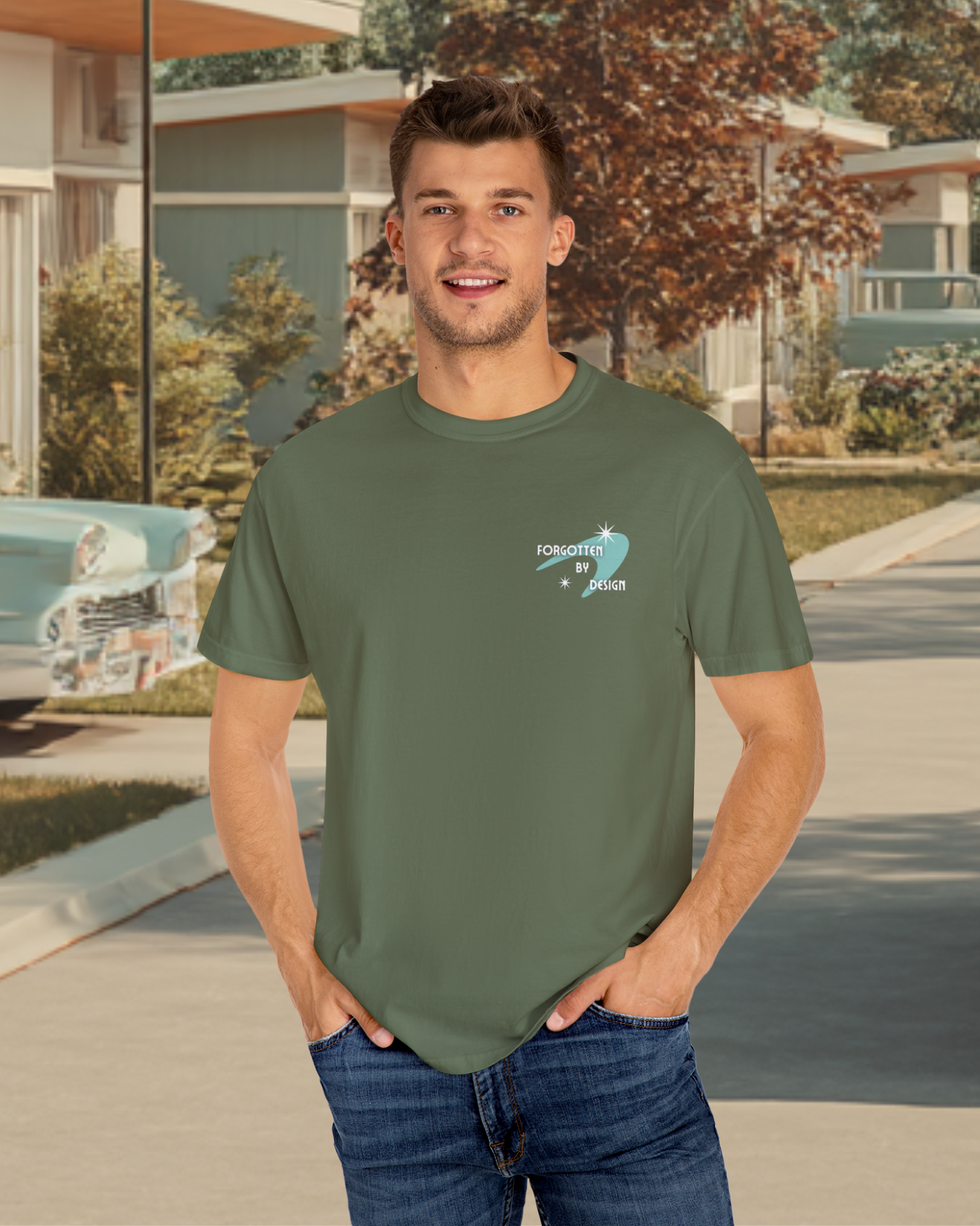 Forgotten By Design Sunder 7 Midcentury Modern Graphic Tshirt with Atomic era aesthetic Sage