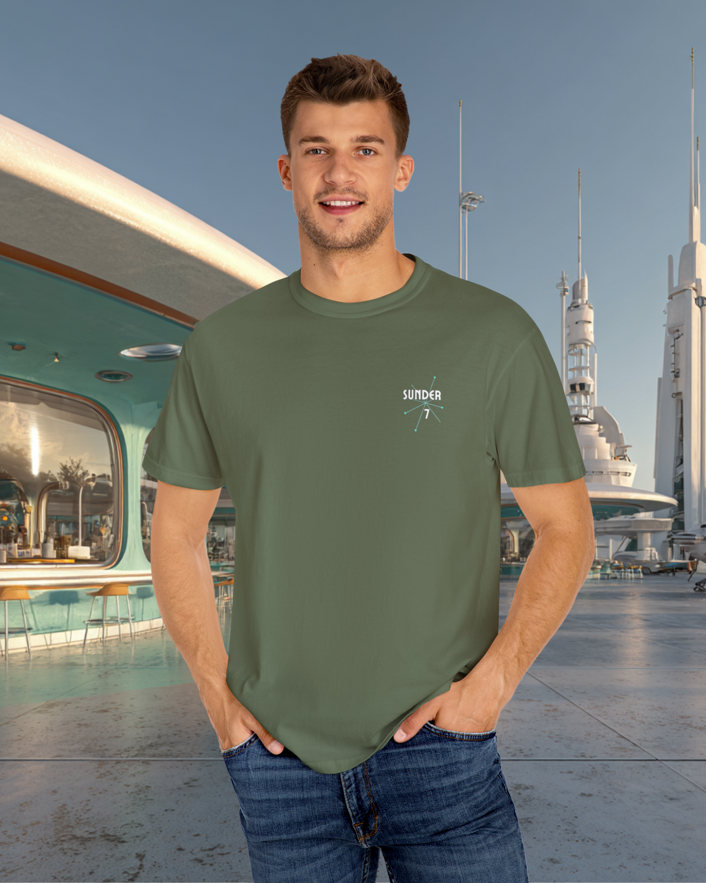 From Yesterday Tomorrow Sunder 7 Midcentury Modern Graphic Tshirt with Atomic era aesthetic Sage