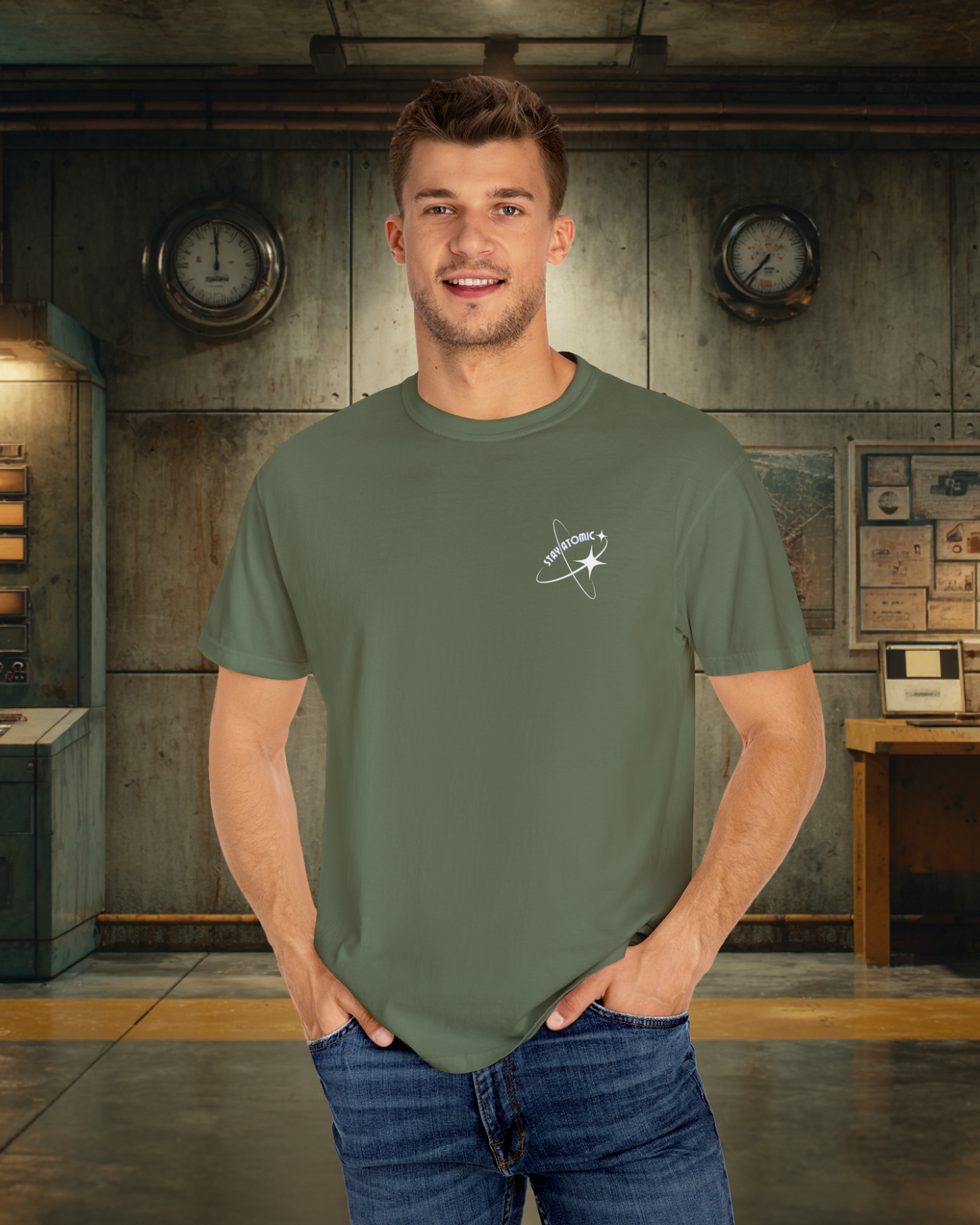 Stay Atomic Sunder 7 Midcentury Modern Graphic Tshirt with Atomic era aesthetic Sage