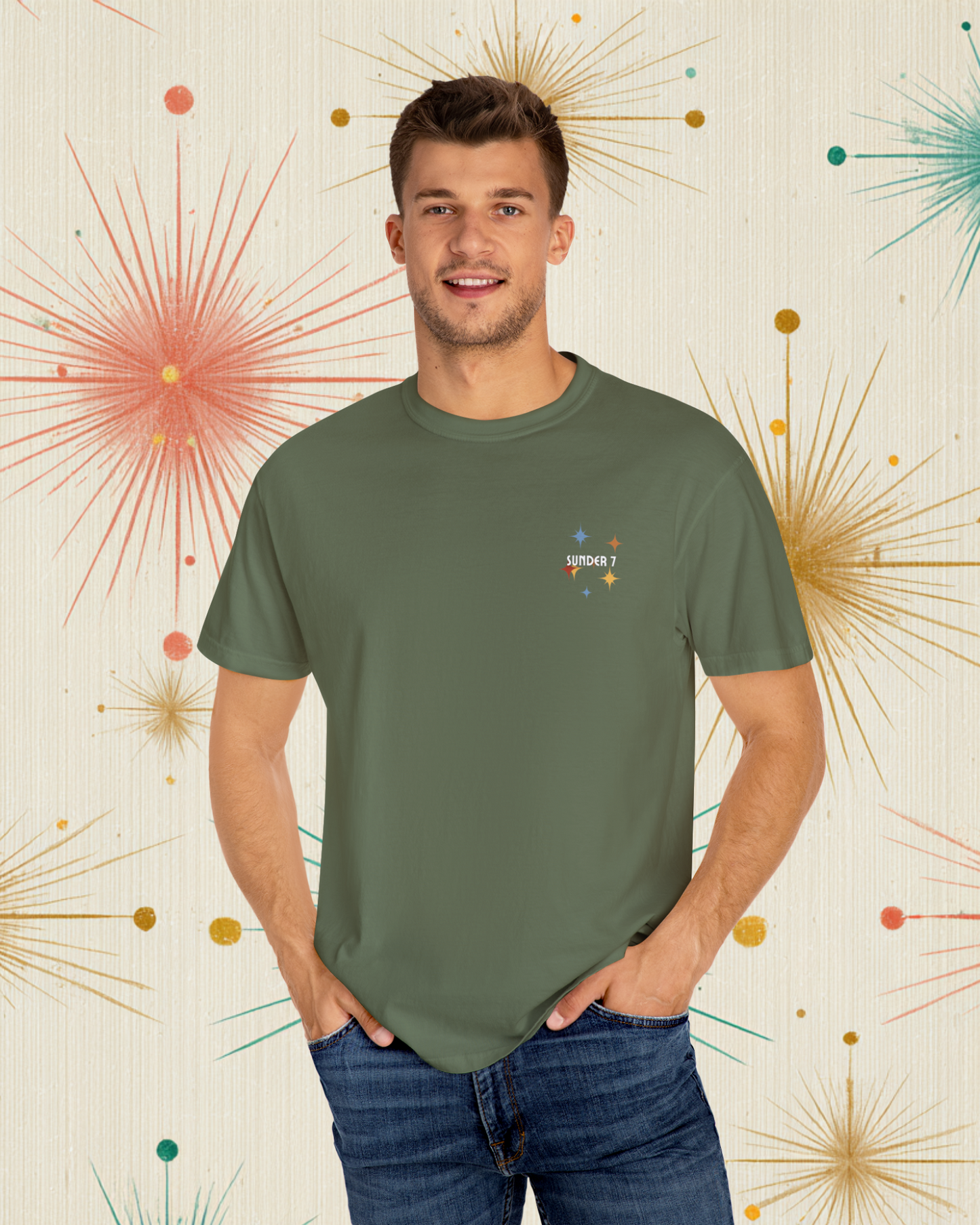 Sunder 7 Midcentury Modern Graphic Tshirt with Atomic era aesthetic Sage